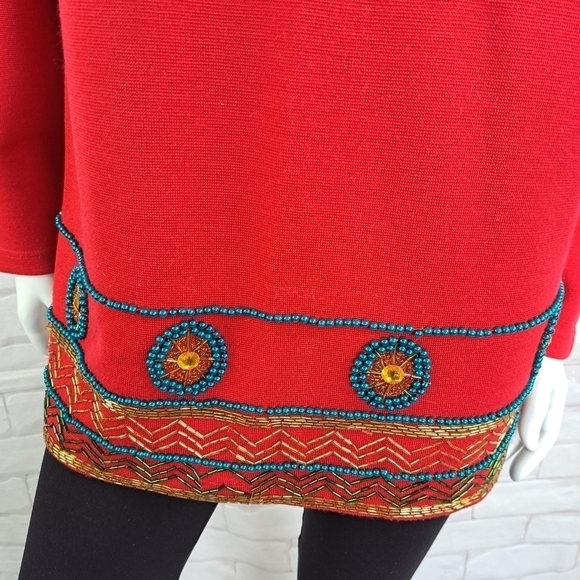 DL Mckelvey sweater red wool pullover faux pearl detail indian style size L - Picture 8 of 15